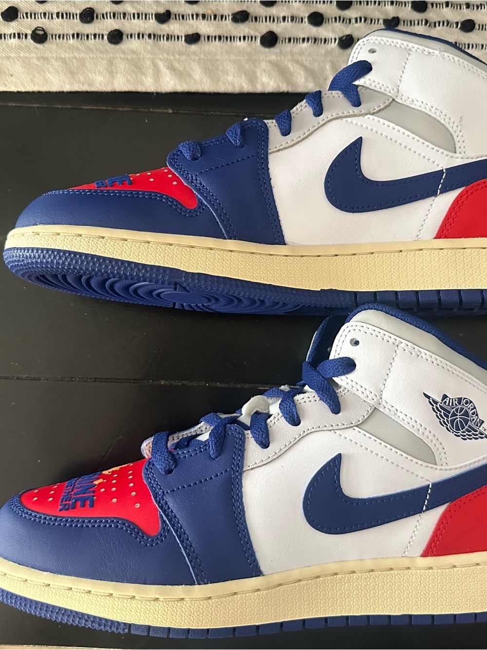 NIKE AIR Jordan Kids High-Top Sneakers in White, Blue & Red with 'Shine Together
